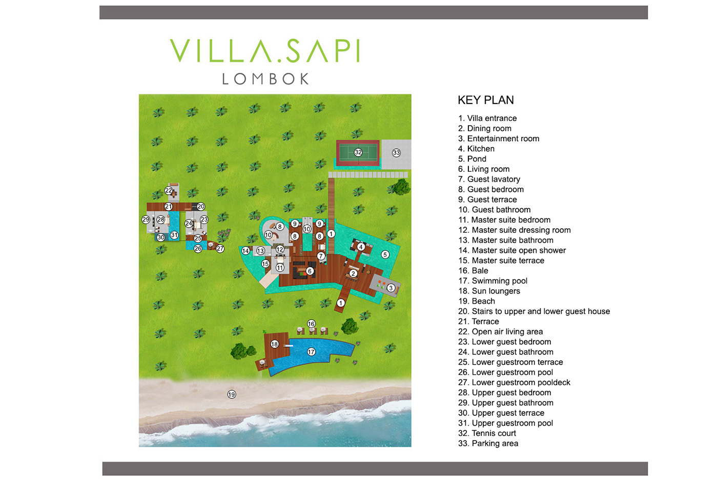 Luxury villa-3 pools-tennis cout-chef and service-Indonesia-Lombok-Sira Beach Tanjung